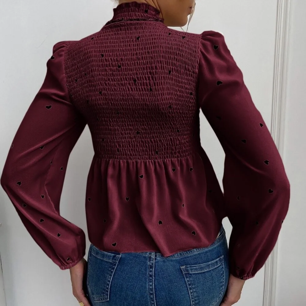 Boho Burgundy Red Heart Print Frill Neck Top - Picture 3 of 7